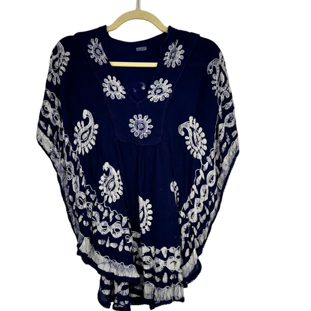 Blue Paisley Batwing Poncho Tunic Swimsuit Coverup Womens S/M Beachy Vacation